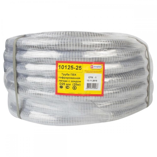 Гофрированная труба легкого типа из пластика ПВХ (поливинилхлорида) служит для прокладки электрического кабеля и проводов разного назначения, по которым проходит ток с напряжением не более 1000 В. Изделие можно купить и использовать для наружной и скрытой проводки как в помещении, так и на открытом воздухе. Для того, чтобы было проще протягивать кабель по трубе, внутри нее заложен зонд (стальная проволока диаметром 0,9 мм). фото 3 Труба гофрированная Экопласт ПВХ с зондом D25 мм 25 м фото 3